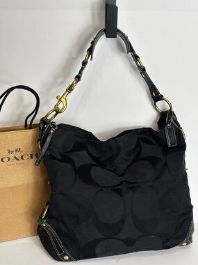 Coach Vintage Hobo Shoulder Bag in Black Canvas with Leather Straps